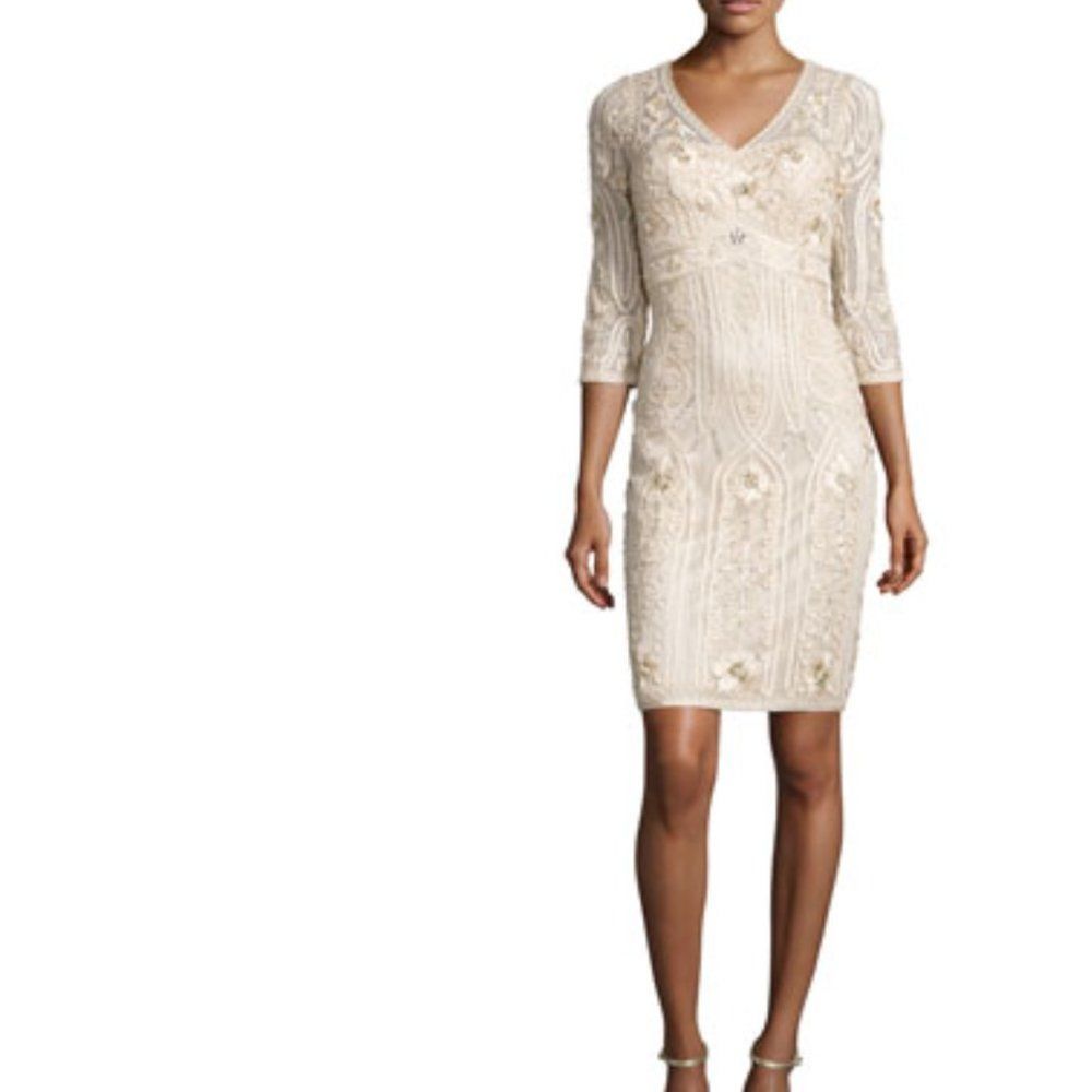 Sue Wong 3/4-Sleeve Embroidered Sheath Dress